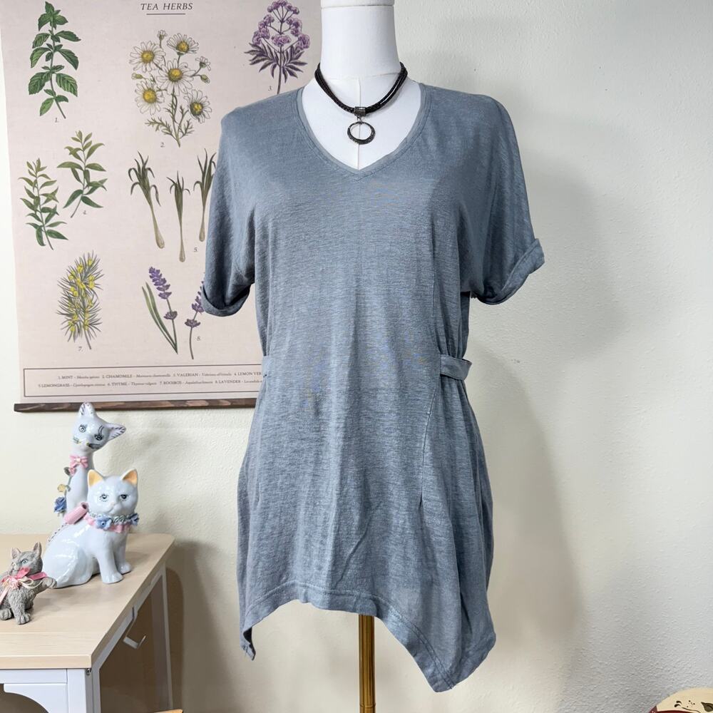 Poetry Gray Linen Short Sleeve Asymmetrical Oversized Tunic Top Lagenlook XS 2
